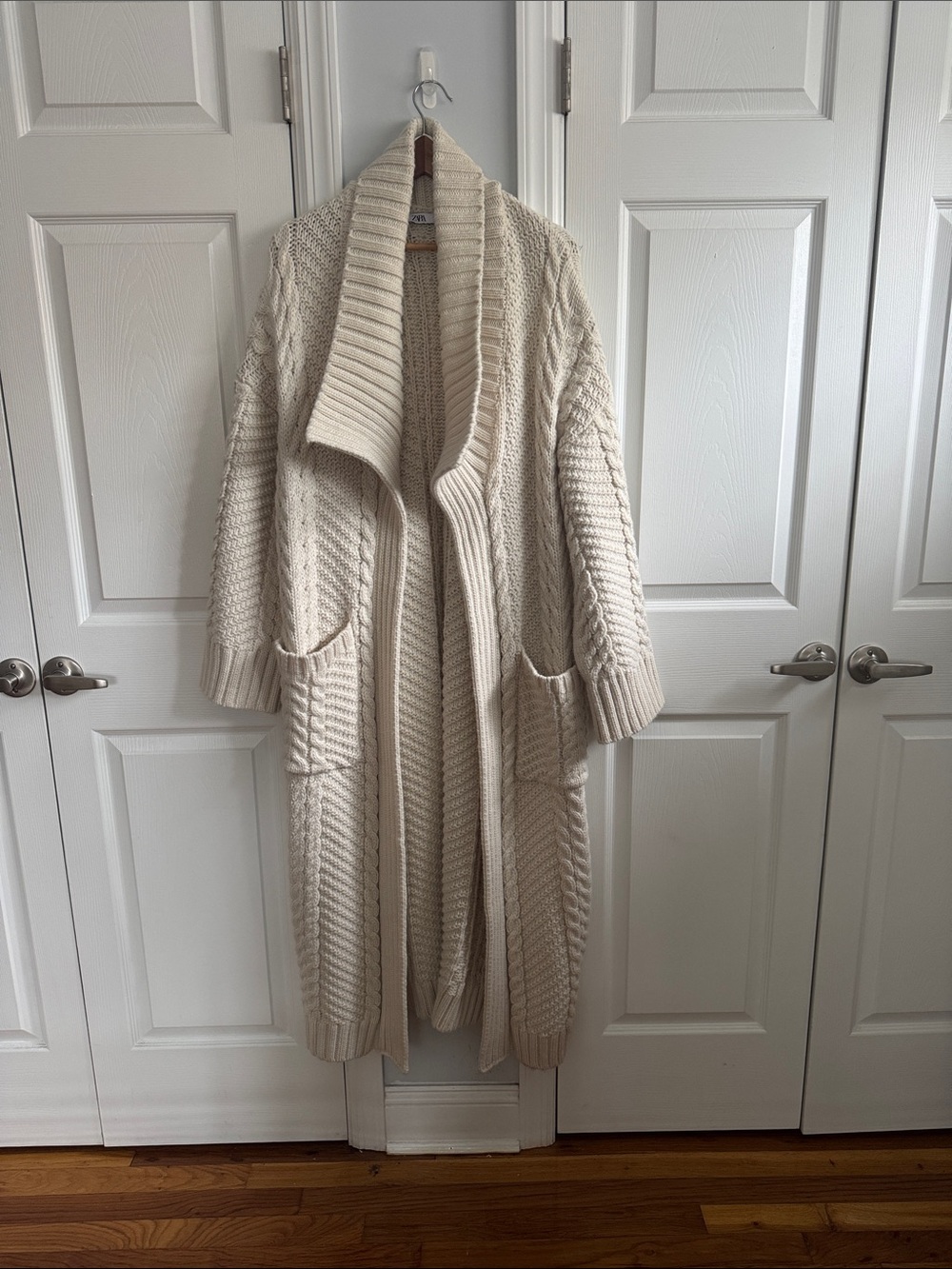 Zara Cream Cable-Knit Long Open Cardigan
